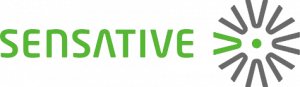 Sensative logo. The word sensative written in green and a circle of V's