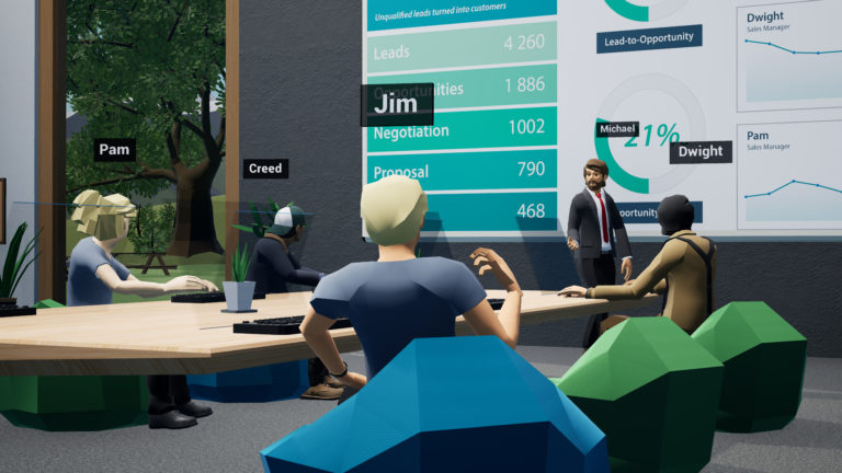In this picture, there is a virtual meeting room with five virtual persons sitting around a table