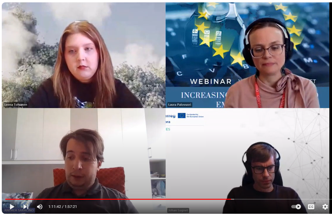 A screenshot from the webinar with the panelists, Leena Toivanen, Andrea Saracino and Johan Lugnet and the webinar host Laura Palovuori.